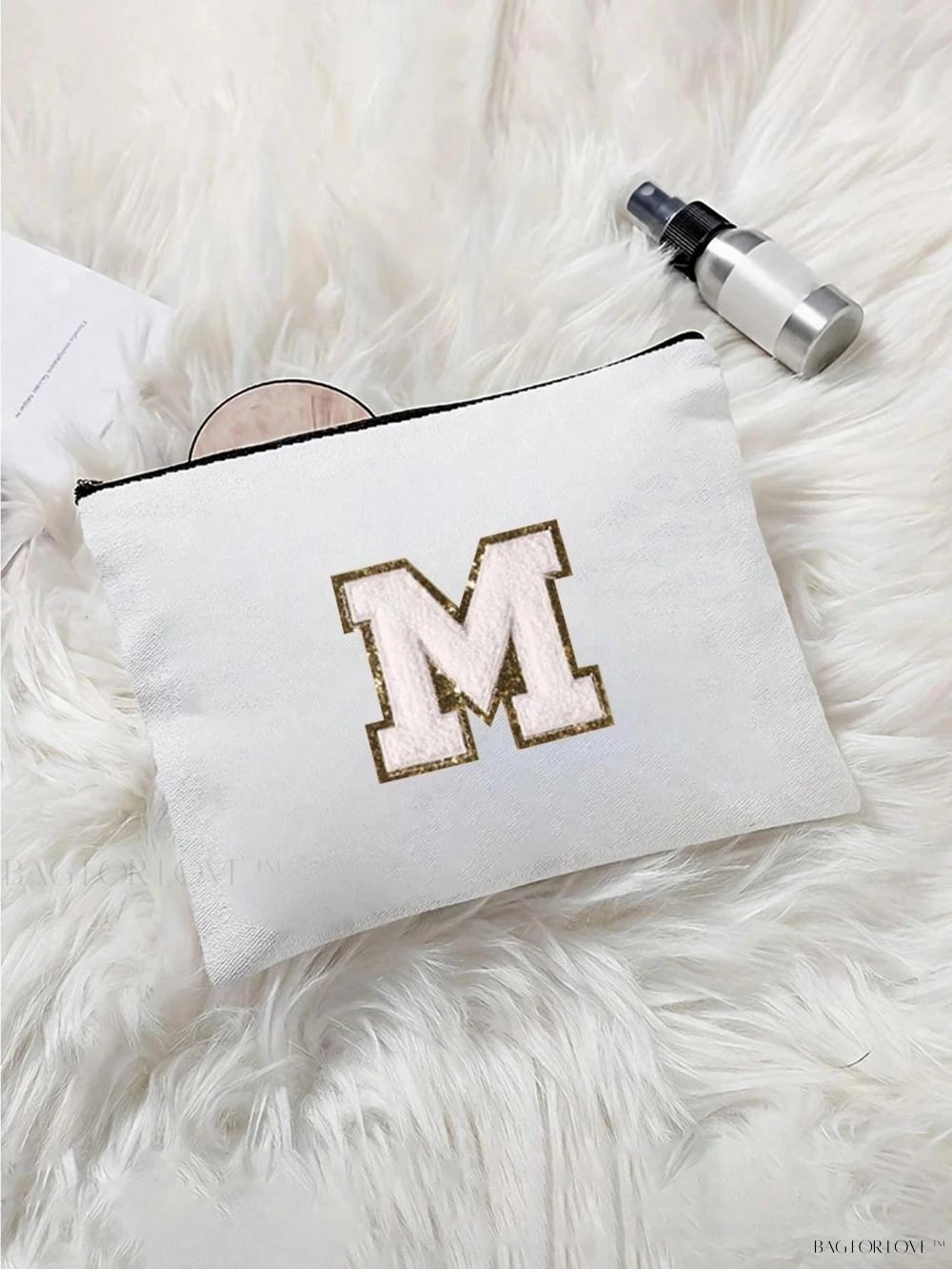 BagForLove - White Small Makeup Pouch with Rose Lettering, Perfect Gift