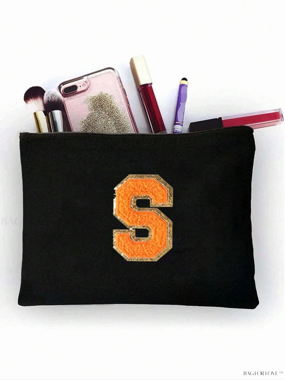 BagForLove - White Small Makeup Pouch with Rose Lettering, Perfect Gift