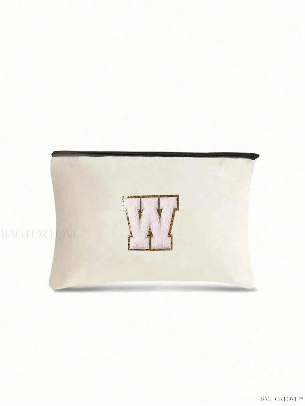 BagForLove - White Small Makeup Pouch with Rose Lettering, Perfect Gift