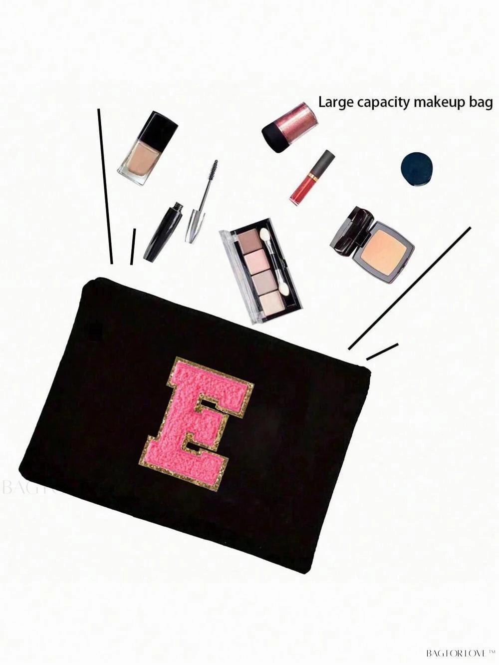 BagForLove - White Small Makeup Pouch with Rose Lettering, Perfect Gift