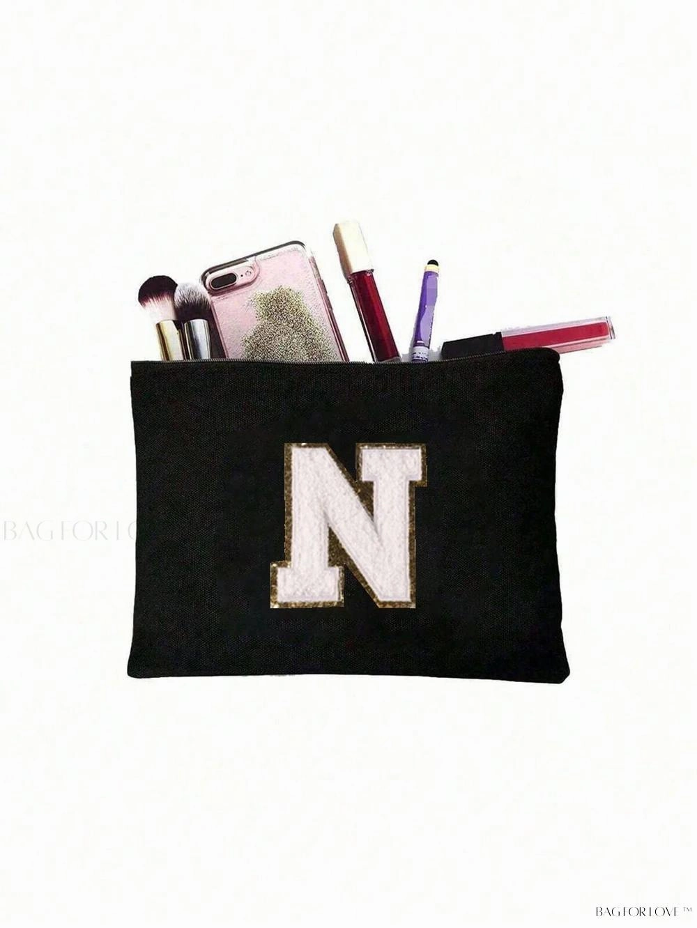 BagForLove - White Small Makeup Pouch with Rose Lettering, Perfect Gift