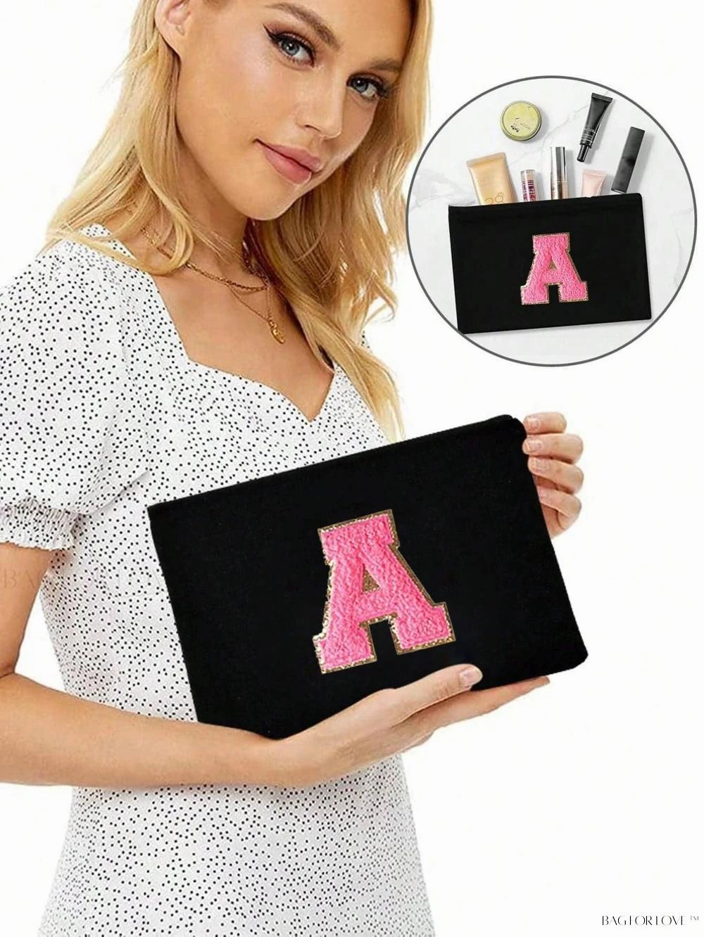 BagForLove - White Small Makeup Pouch with Rose Lettering, Perfect Gift