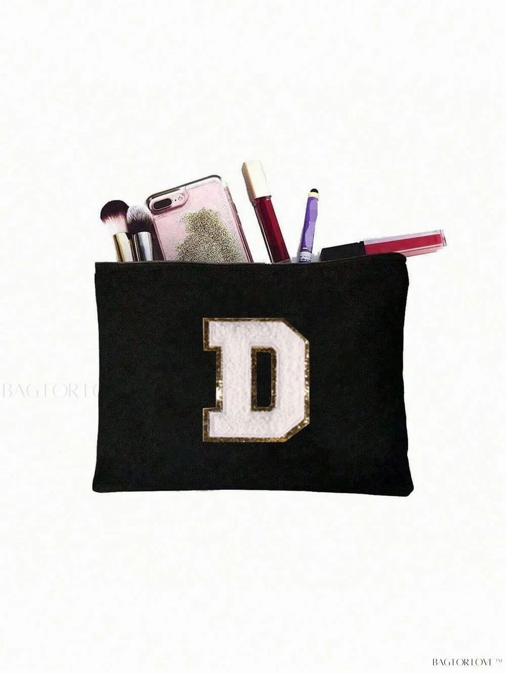 BagForLove - White Small Makeup Pouch with Rose Lettering, Perfect Gift