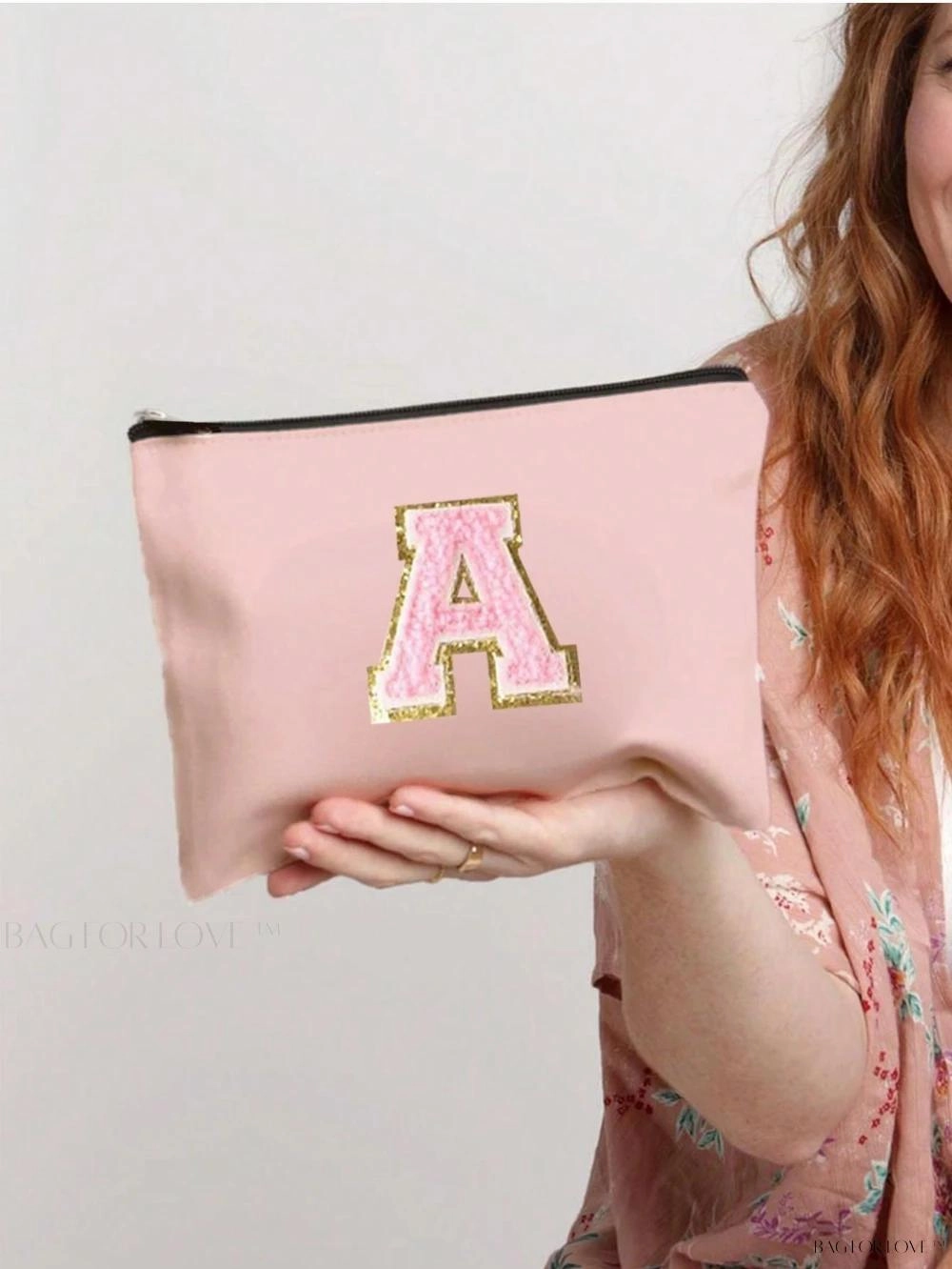 BagForLove - White Small Makeup Pouch with Rose Lettering, Perfect Gift