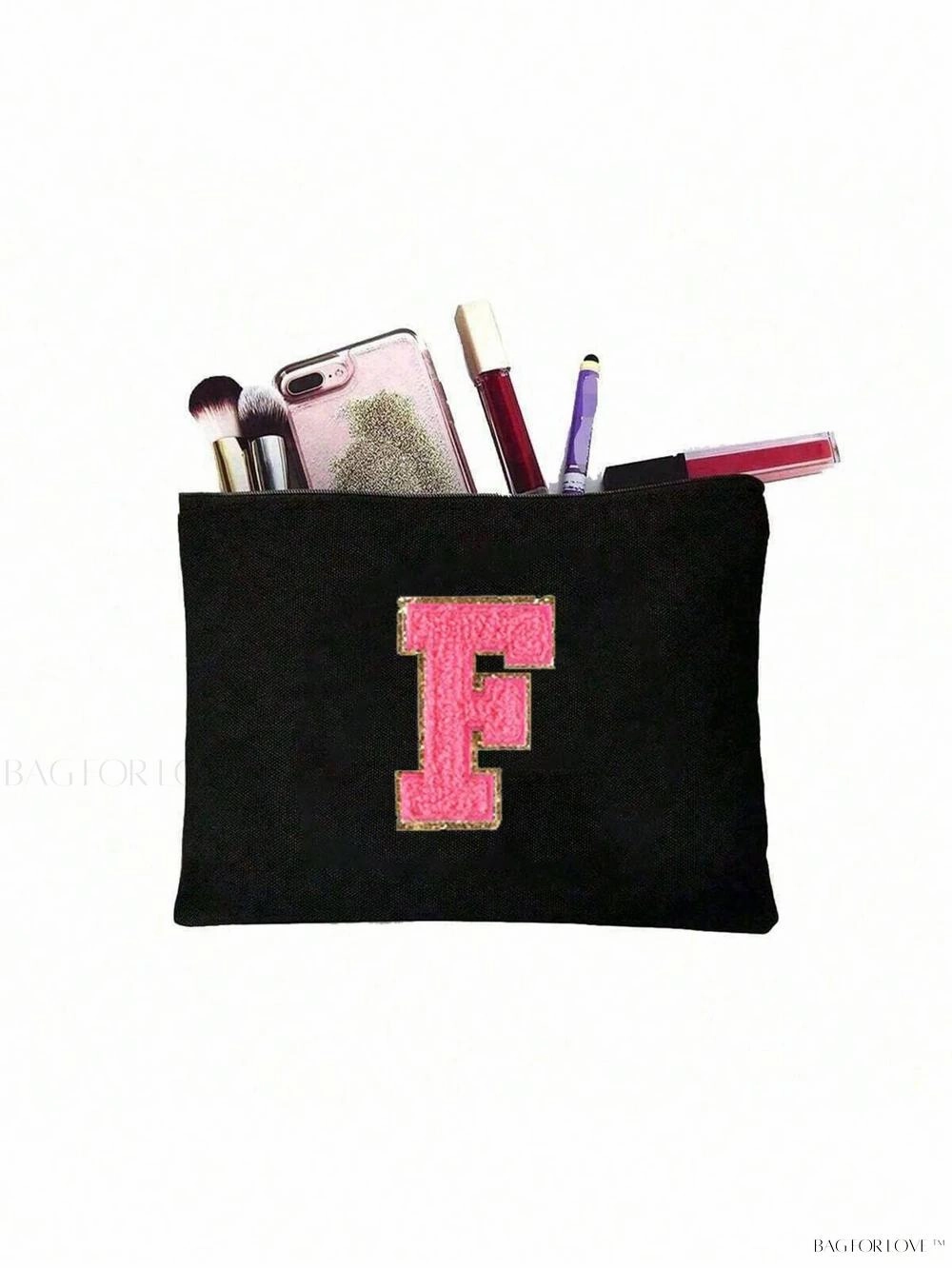 BagForLove - White Small Makeup Pouch with Rose Lettering, Perfect Gift