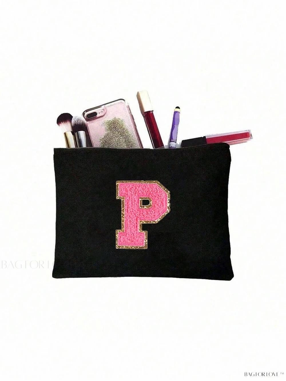 BagForLove - White Small Makeup Pouch with Rose Lettering, Perfect Gift