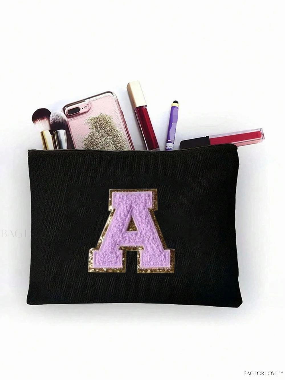 BagForLove - White Small Makeup Pouch with Rose Lettering, Perfect Gift