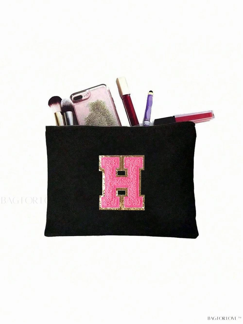 BagForLove - White Small Makeup Pouch with Rose Lettering, Perfect Gift