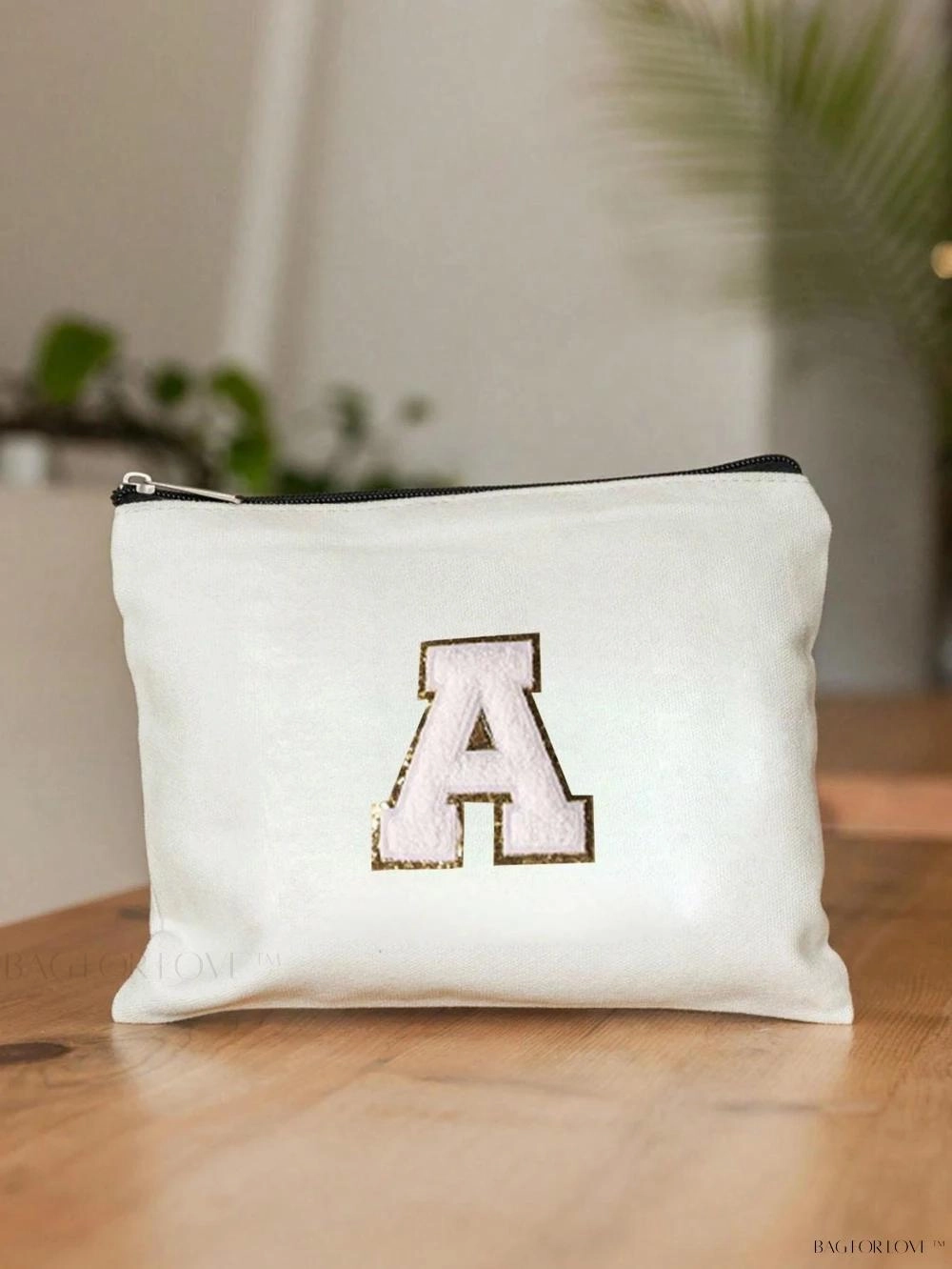BagForLove - White Small Makeup Pouch with Rose Lettering, Perfect Gift