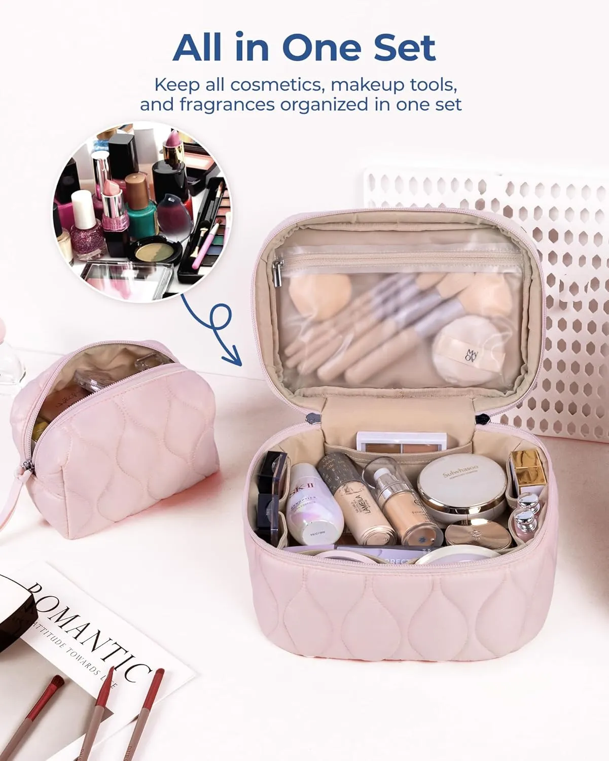 BAGSMART Travel Makeup Bag, 2-Piece Puffy Quilted Cute Make Up Bag Cosmetic Bags for Women, Large Wide-Open Toiletry Pouch Gifts for Toiletries Accessories Travelling Essentials, Pink