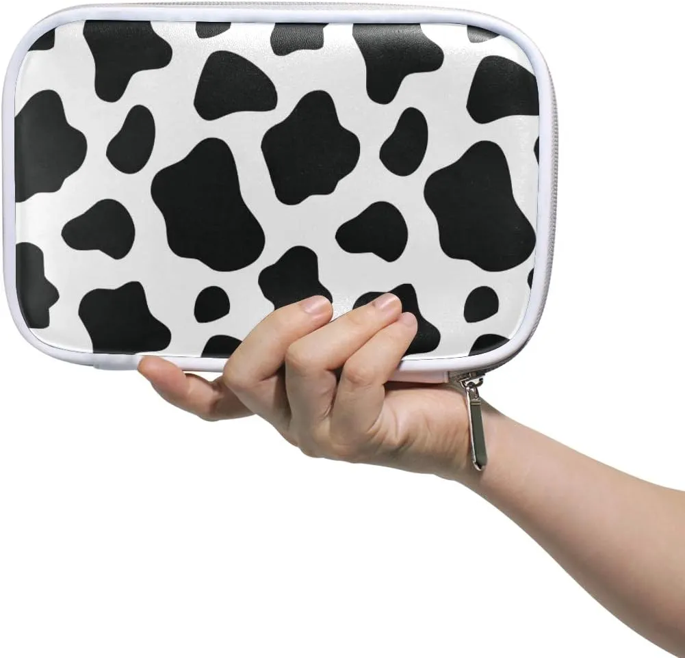 Bardic Pen Pencil Case Black White Cow Print Makeup Brush Bag Travel Organizer Cosmetic Pouch Passport Holder For Men Women
