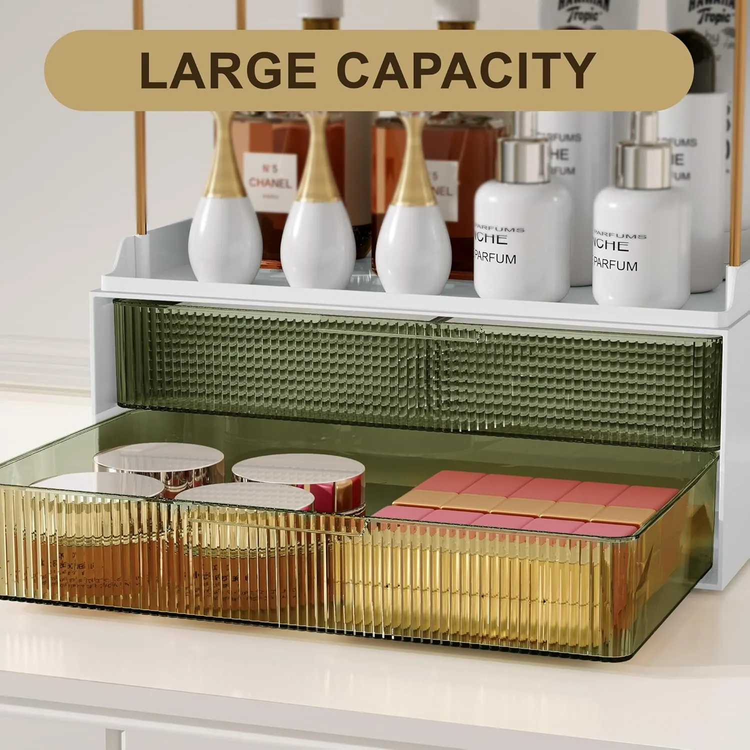 Bathroom Countertop Organizer with 2-Drawer, 3 Tier Makeup Organizer for Vanity, Large Multi-Purpose Makeup Skin Care Organizer for Vanity, Dark Green