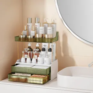Bathroom Countertop Organizer with 2-Drawer, 3 Tier Makeup Organizer for Vanity, Large Multi-Purpose Makeup Skin Care Organizer for Vanity, Dark Green