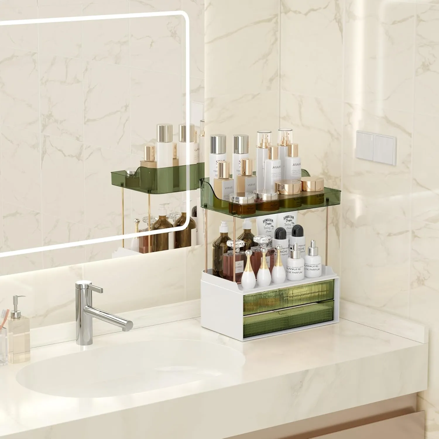 Bathroom Countertop Organizer with 2-Drawer, 3 Tier Makeup Organizer for Vanity, Large Multi-Purpose Makeup Skin Care Organizer for Vanity, Dark Green