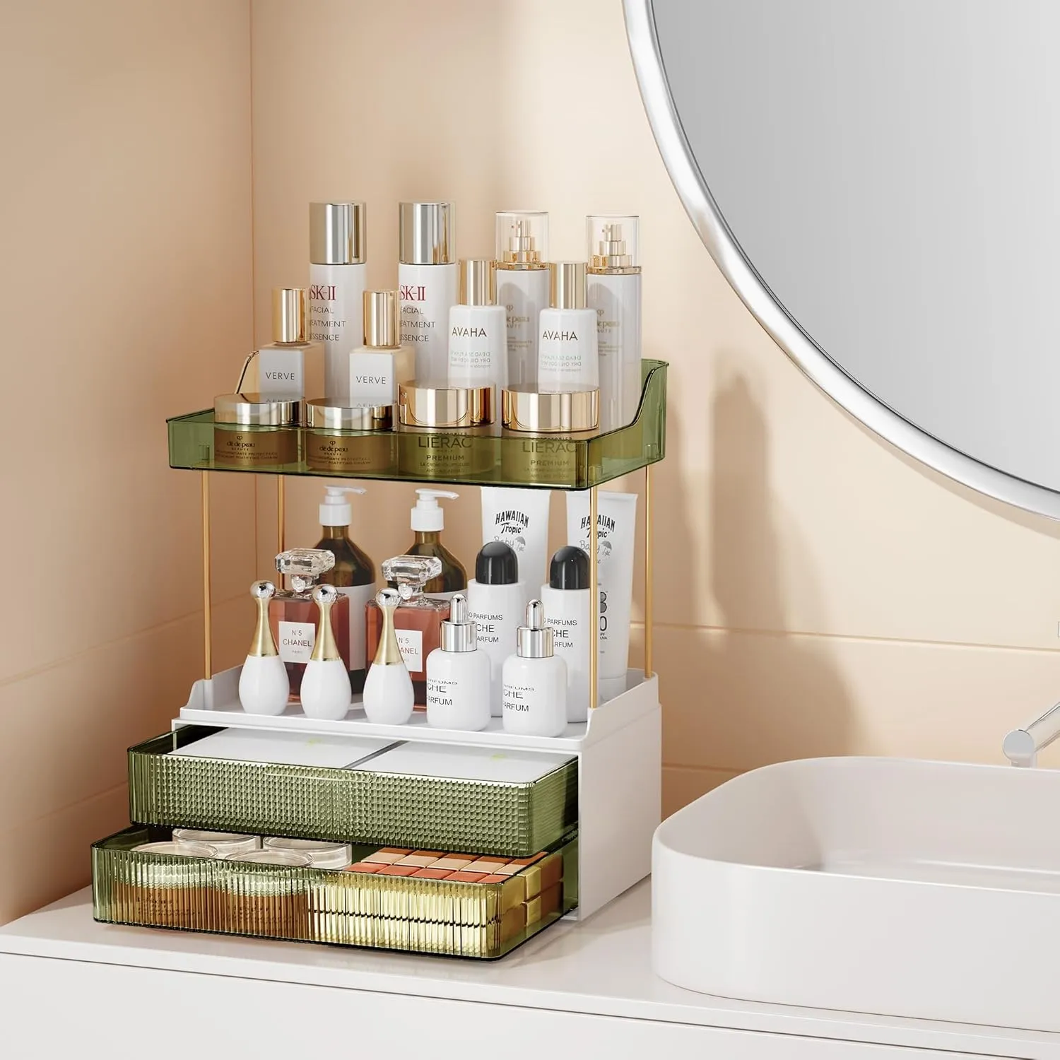 Bathroom Countertop Organizer with 2-Drawer, 3 Tier Makeup Organizer for Vanity, Large Multi-Purpose Makeup Skin Care Organizer for Vanity, Dark Green