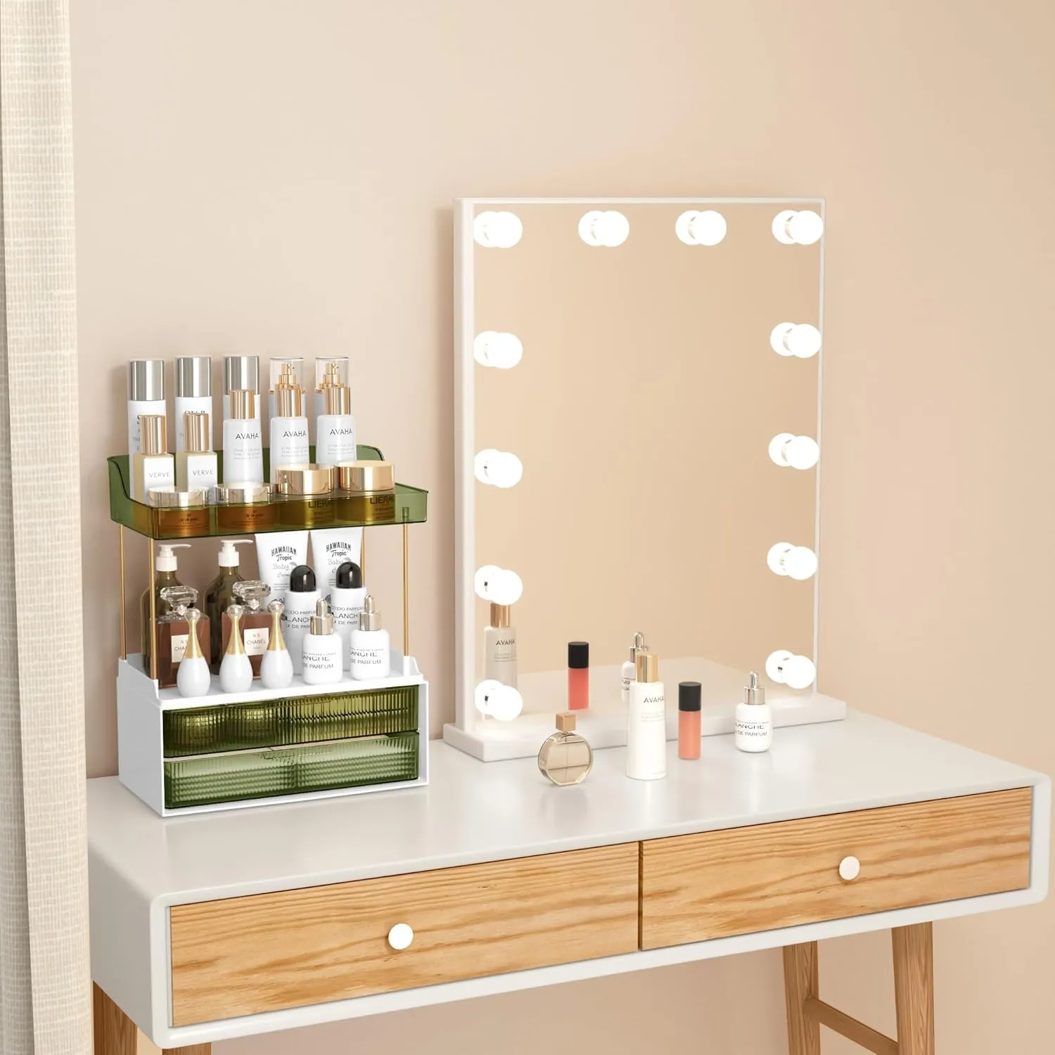 Bathroom Countertop Organizer with 2-Drawer, 3 Tier Makeup Organizer for Vanity, Large Multi-Purpose Makeup Skin Care Organizer for Vanity, Dark Green