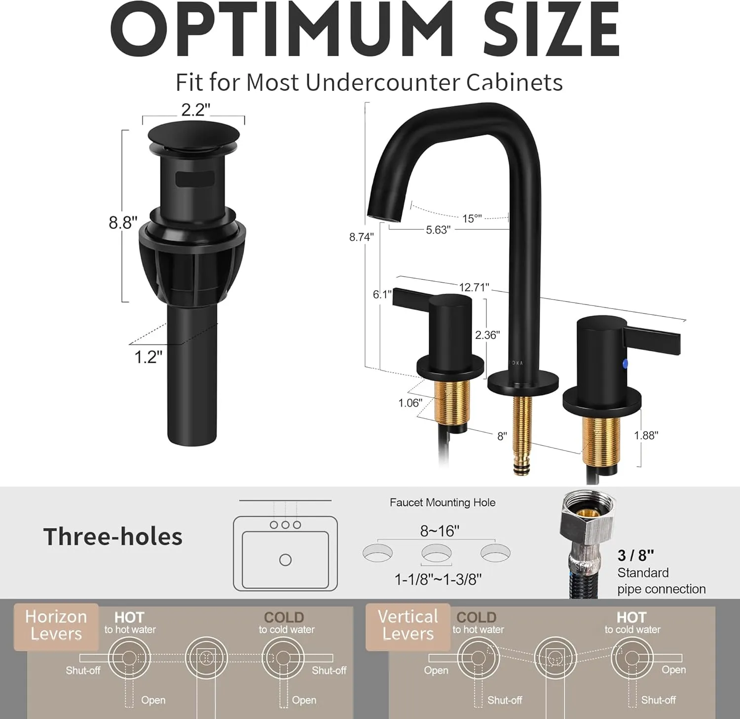 Bathroom Sink Faucet for 3 Hole, 8 Inch Stainless Steel Faucet for Bathroom, Bathroom Faucets with Deck Plate & Pop-Up Drain Assembly 2-Handle Faucet for Bathroom Sink RV Restroom