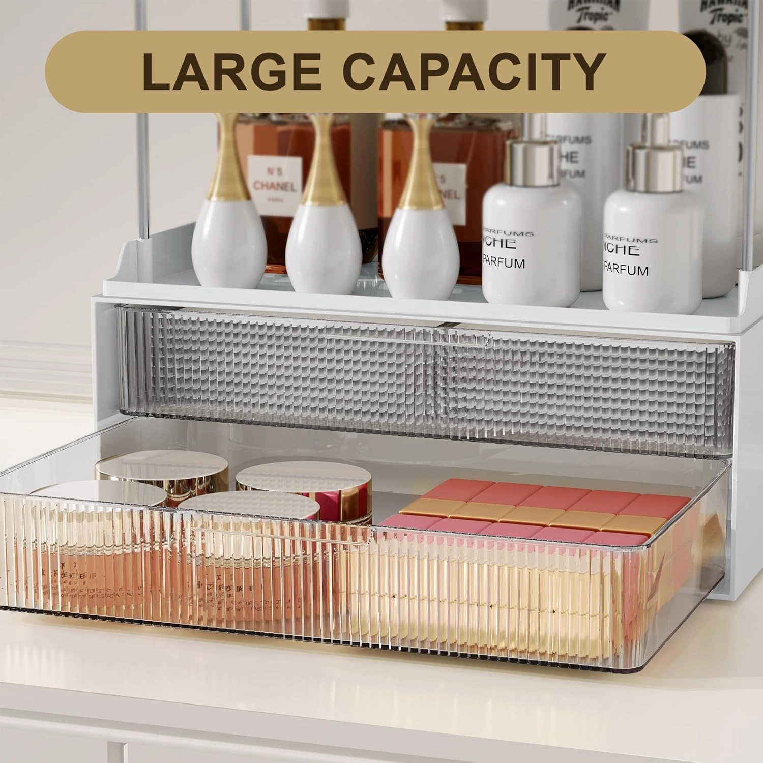 Bathroom Countertop Organizer with 2-Drawer, 3 Tier Makeup Organizer for Vanity, Large Multi-Purpose Makeup Skin Care Organizer for Vanity, Clear