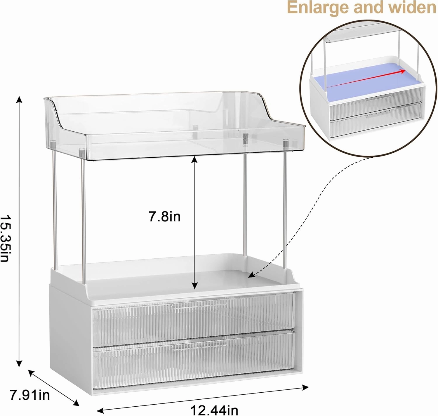 Bathroom Countertop Organizer with 2-Drawer, 3 Tier Makeup Organizer for Vanity, Large Multi-Purpose Makeup Skin Care Organizer for Vanity, Clear