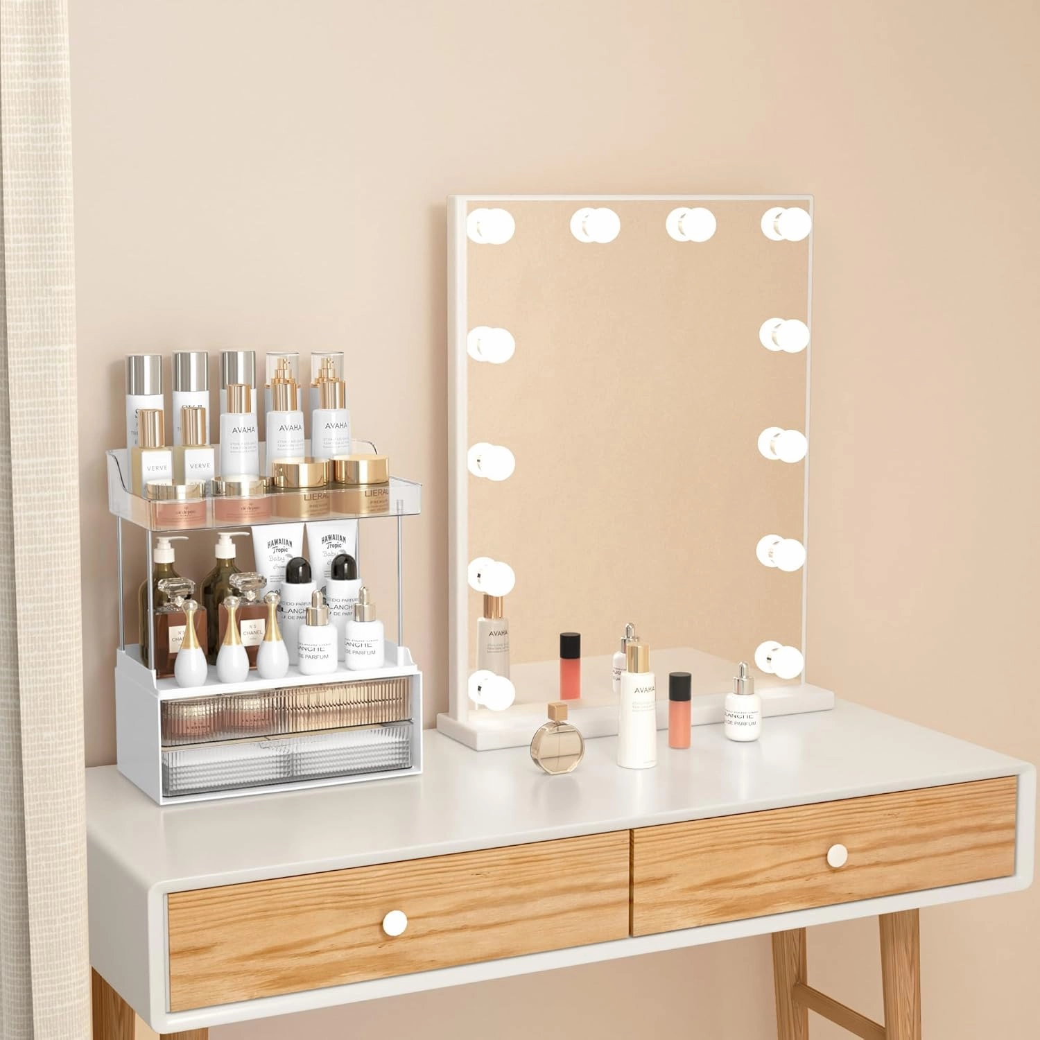 Bathroom Countertop Organizer with 2-Drawer, 3 Tier Makeup Organizer for Vanity, Large Multi-Purpose Makeup Skin Care Organizer for Vanity, Clear