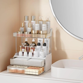 Bathroom Countertop Organizer with 2-Drawer, 3 Tier Makeup Organizer for Vanity, Large Multi-Purpose Makeup Skin Care Organizer for Vanity, Clear