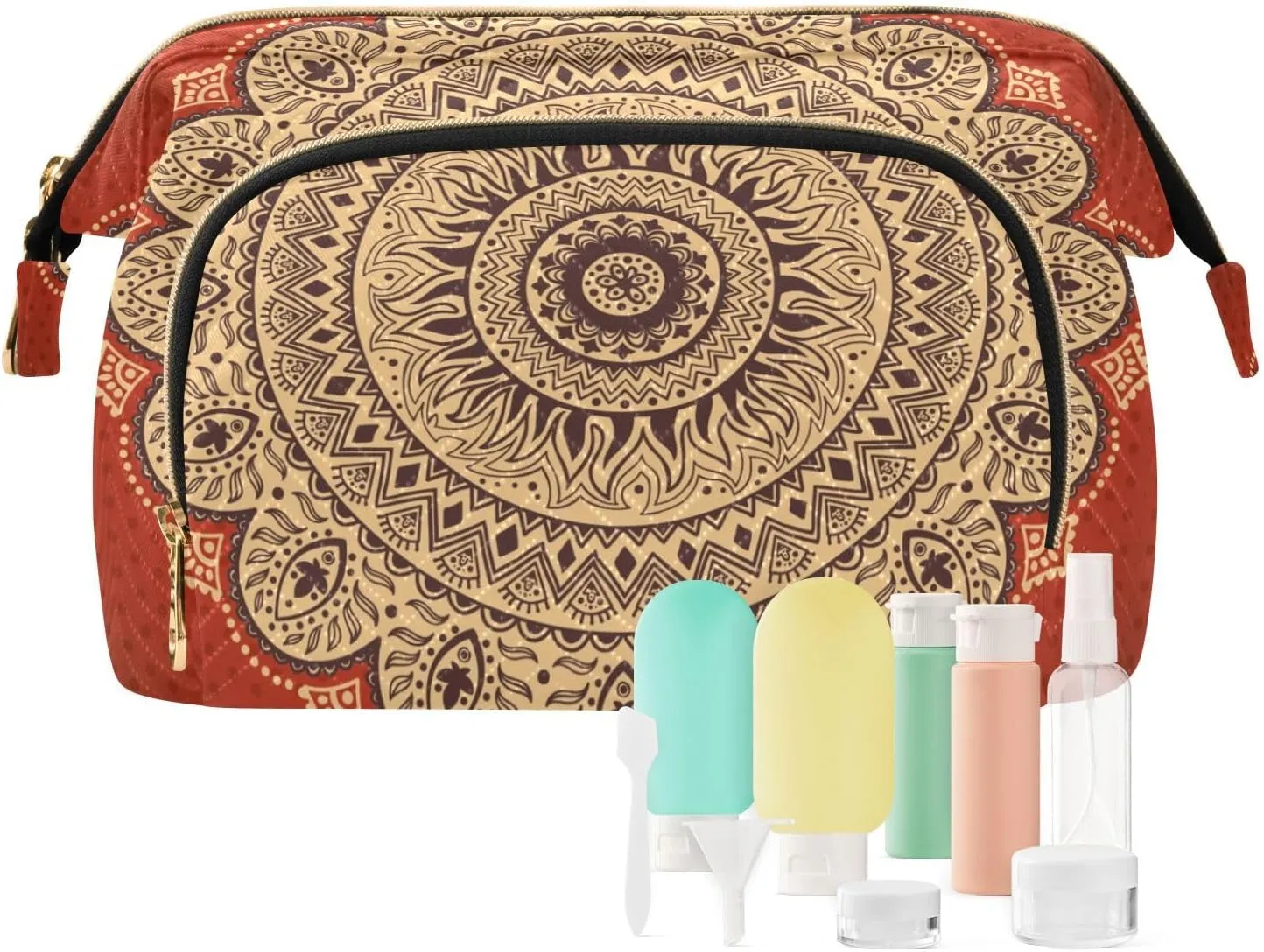 Beautiful Vintage Ornament Retro Mandala Flower Women Cosmetic Bag Makeup Bag Stylish Trip Beauty Bag Travel Toiletry Bag with Bottle Organizer 10.2 x 5.9 x 6.7 inch