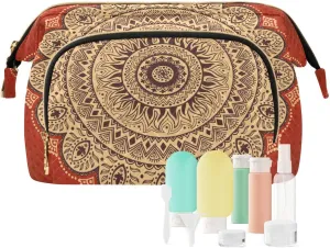 Beautiful Vintage Ornament Retro Mandala Flower Women Cosmetic Bag Makeup Bag Stylish Trip Beauty Bag Travel Toiletry Bag with Bottle Organizer 10.2 x 5.9 x 6.7 inch