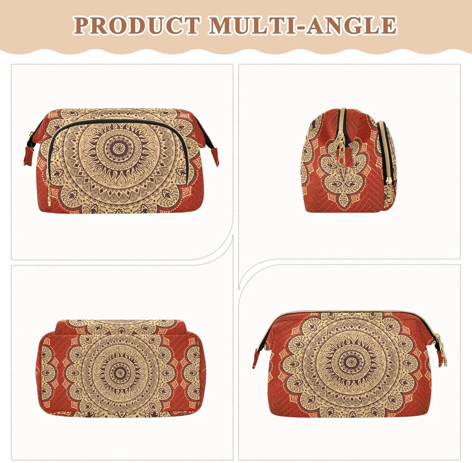 Beautiful Vintage Ornament Retro Mandala Flower Women Cosmetic Bag Makeup Bag Stylish Trip Beauty Bag Travel Toiletry Bag with Bottle Organizer 10.2 x 5.9 x 6.7 inch