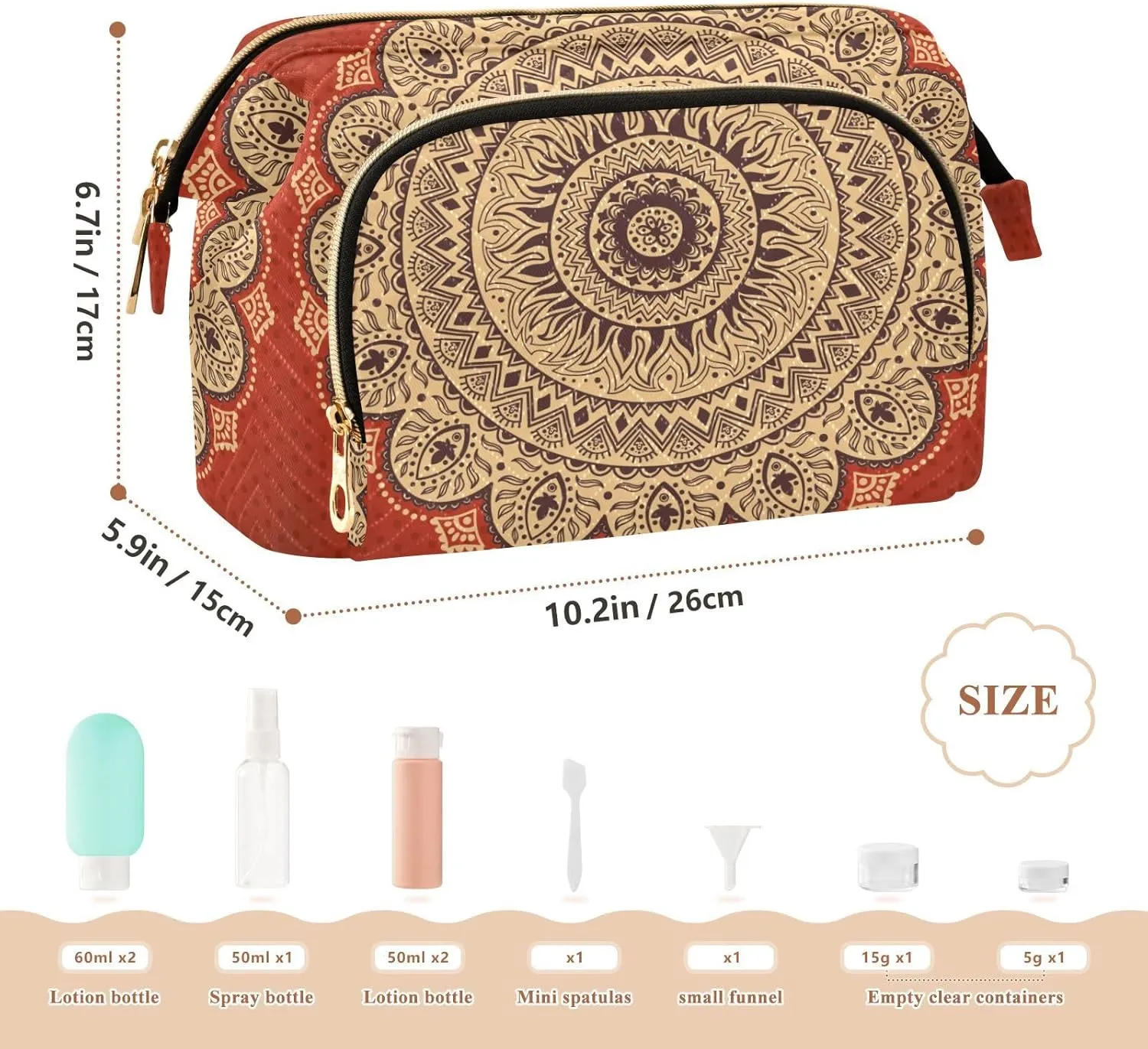 Beautiful Vintage Ornament Retro Mandala Flower Women Cosmetic Bag Makeup Bag Stylish Trip Beauty Bag Travel Toiletry Bag with Bottle Organizer 10.2 x 5.9 x 6.7 inch