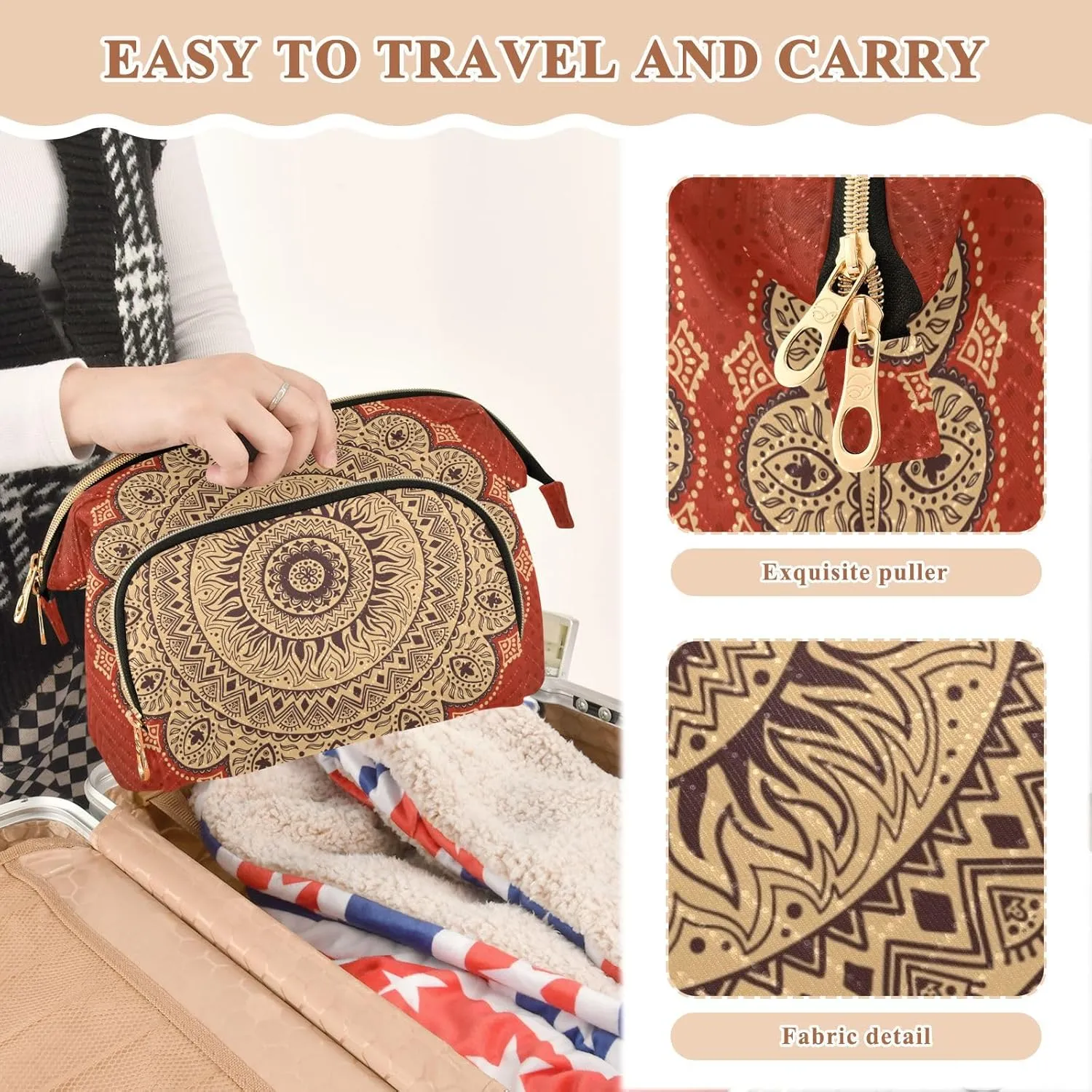 Beautiful Vintage Ornament Retro Mandala Flower Women Cosmetic Bag Makeup Bag Stylish Trip Beauty Bag Travel Toiletry Bag with Bottle Organizer 10.2 x 5.9 x 6.7 inch
