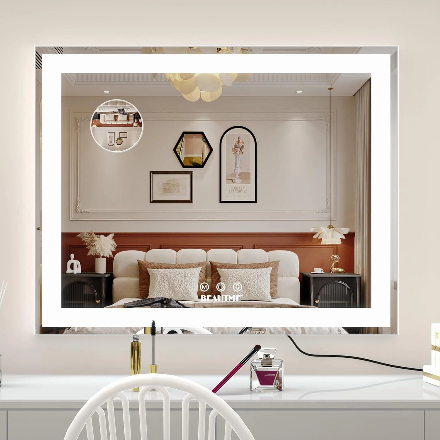 BEAUTME Vanity Mirror,Tabletop Makeup Mirror,Hollywood Mirror,LED Bedroom Mirror with Lights,Lighted Mirror, Aluminium Frame,48.5×40.5cm,White