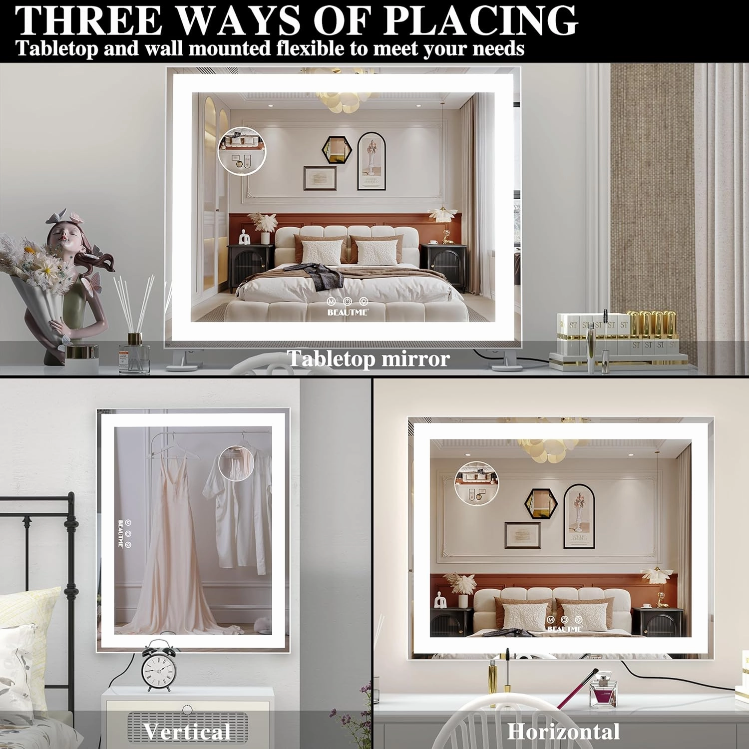 BEAUTME Vanity Mirror,Tabletop Makeup Mirror,Hollywood Mirror,LED Bedroom Mirror with Lights,Lighted Mirror, Aluminium Frame,48.5×40.5cm,White