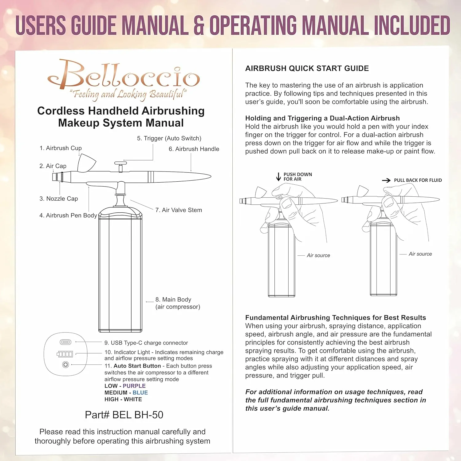 Belloccio Complete Cordless Handheld Airbrush Cosmetic Makeup System with 4 Tan Foundation Shades, Professional 18-Piece Kit, Moisturizing Primer, Blush, Bronzer, Highlighter, Concealer, User Guide