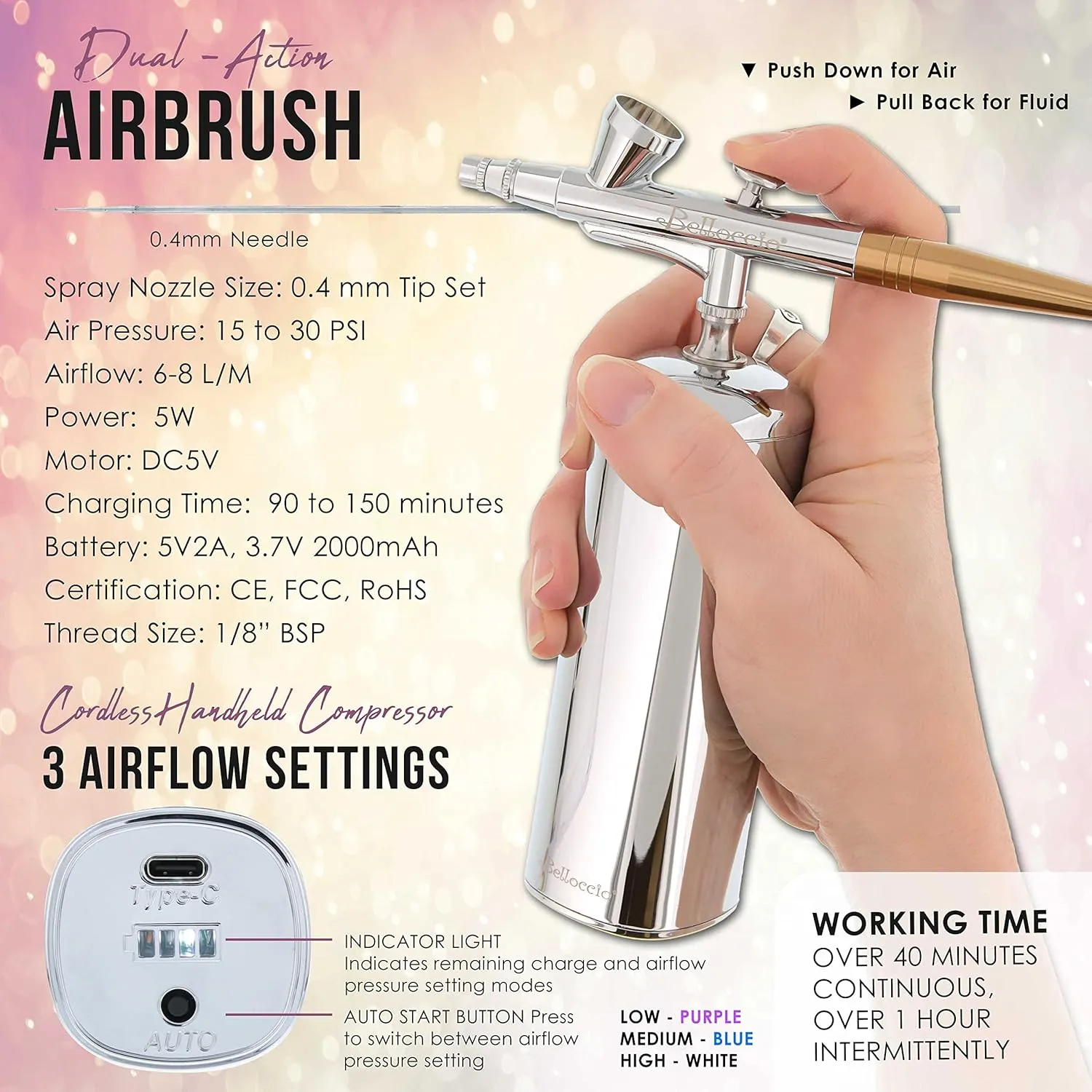 Belloccio Complete Cordless Handheld Airbrush Cosmetic Makeup System with 4 Tan Foundation Shades, Professional 18-Piece Kit, Moisturizing Primer, Blush, Bronzer, Highlighter, Concealer, User Guide