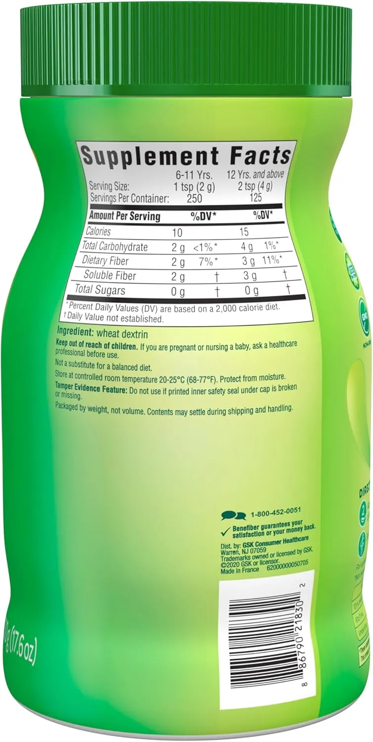Benefiber Daily Prebiotic Fiber Supplement Powder for Digestive Health, Unflavored - 125 Servings (17.6 Ounces)