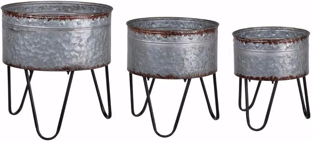Benzara Galvanized Sheet Planter Tubs, Iron Powder Coated Hairpin Legs, Set of 3, Gray, Black