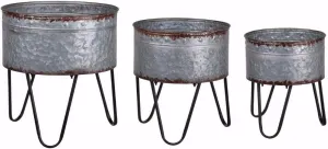 Benzara Galvanized Sheet Planter Tubs, Iron Powder Coated Hairpin Legs, Set of 3, Gray, Black