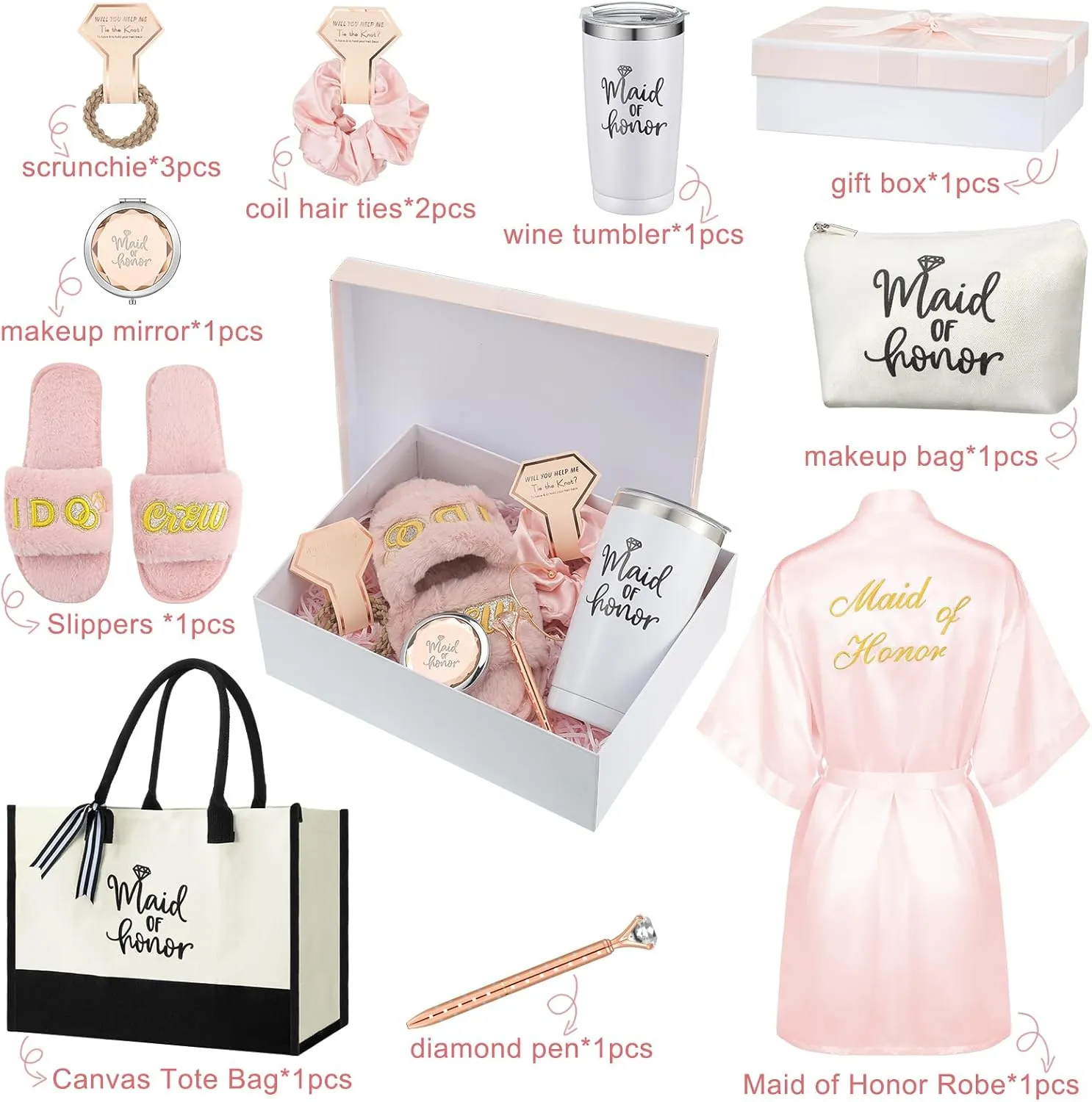 Berlune 14 Pcs Bride Gifts Box Sets Include Short Satin Robes Canvas Tote Bag Stainless Steel Glasses Slippers Wedding Gifts
