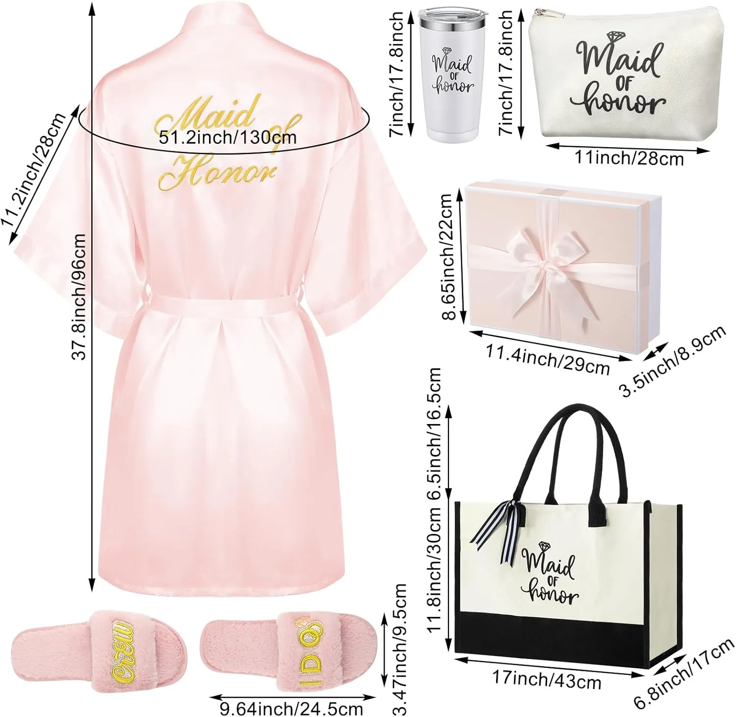 Berlune 14 Pcs Bride Gifts Box Sets Include Short Satin Robes Canvas Tote Bag Stainless Steel Glasses Slippers Wedding Gifts