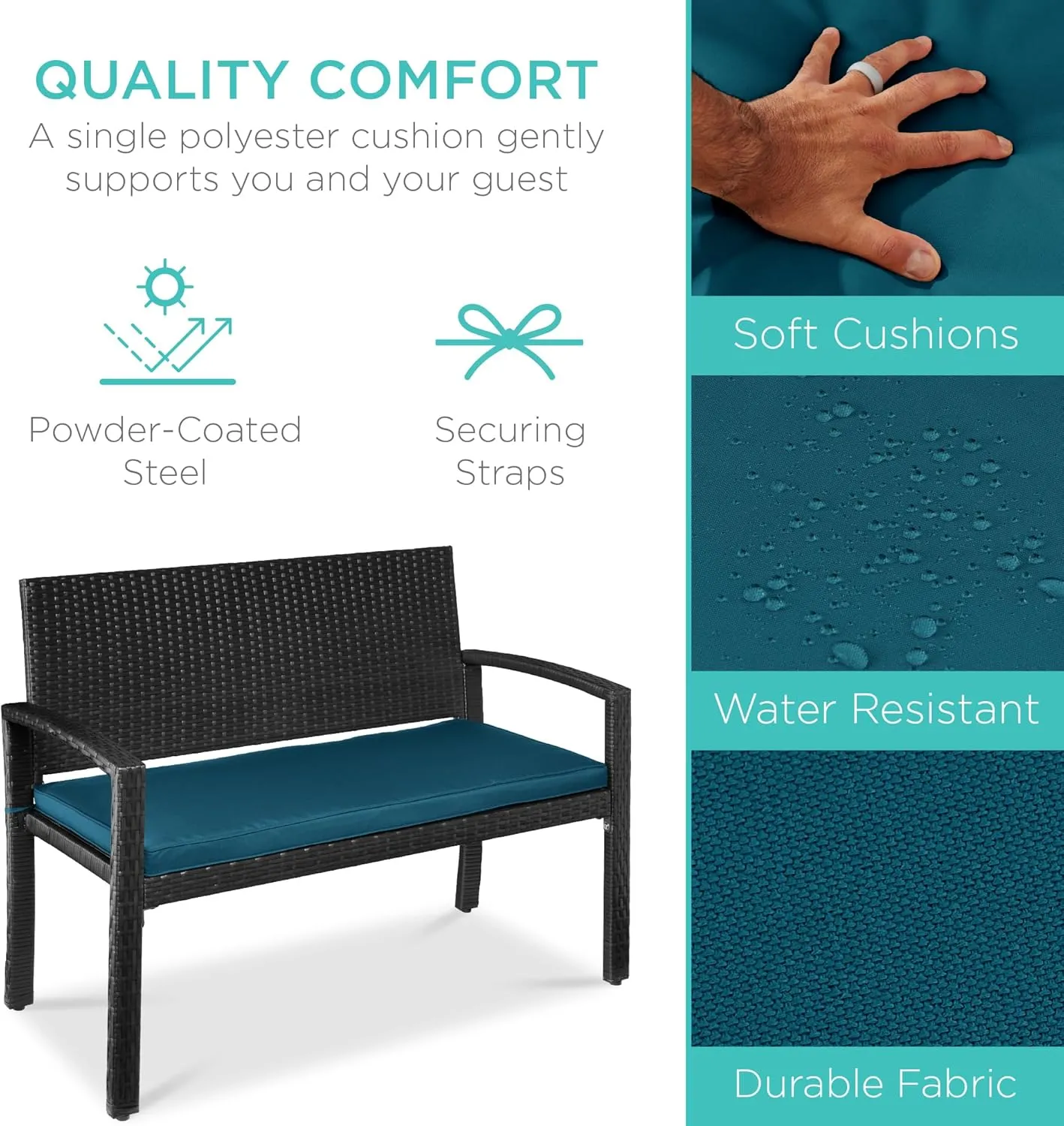 Best Choice Products Outdoor Bench 2-Person Wicker Garden Patio Benches Seating Furniture for Backyard, Porch w/Seat Cushion, 700lb Capacity - Peacock Blue/Black
