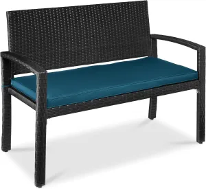 Best Choice Products Outdoor Bench 2-Person Wicker Garden Patio Benches Seating Furniture for Backyard, Porch w/Seat Cushion, 700lb Capacity - Peacock Blue/Black