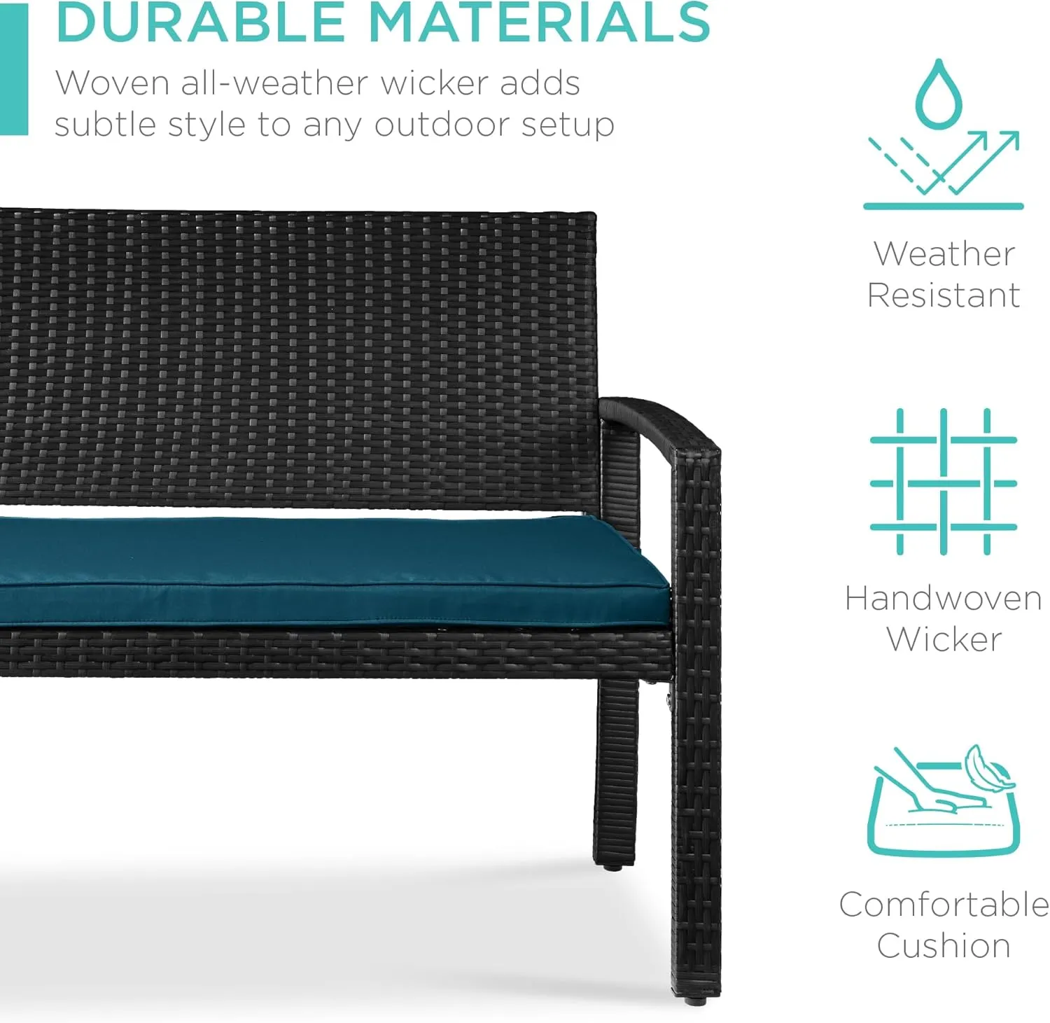 Best Choice Products Outdoor Bench 2-Person Wicker Garden Patio Benches Seating Furniture for Backyard, Porch w/Seat Cushion, 700lb Capacity - Peacock Blue/Black