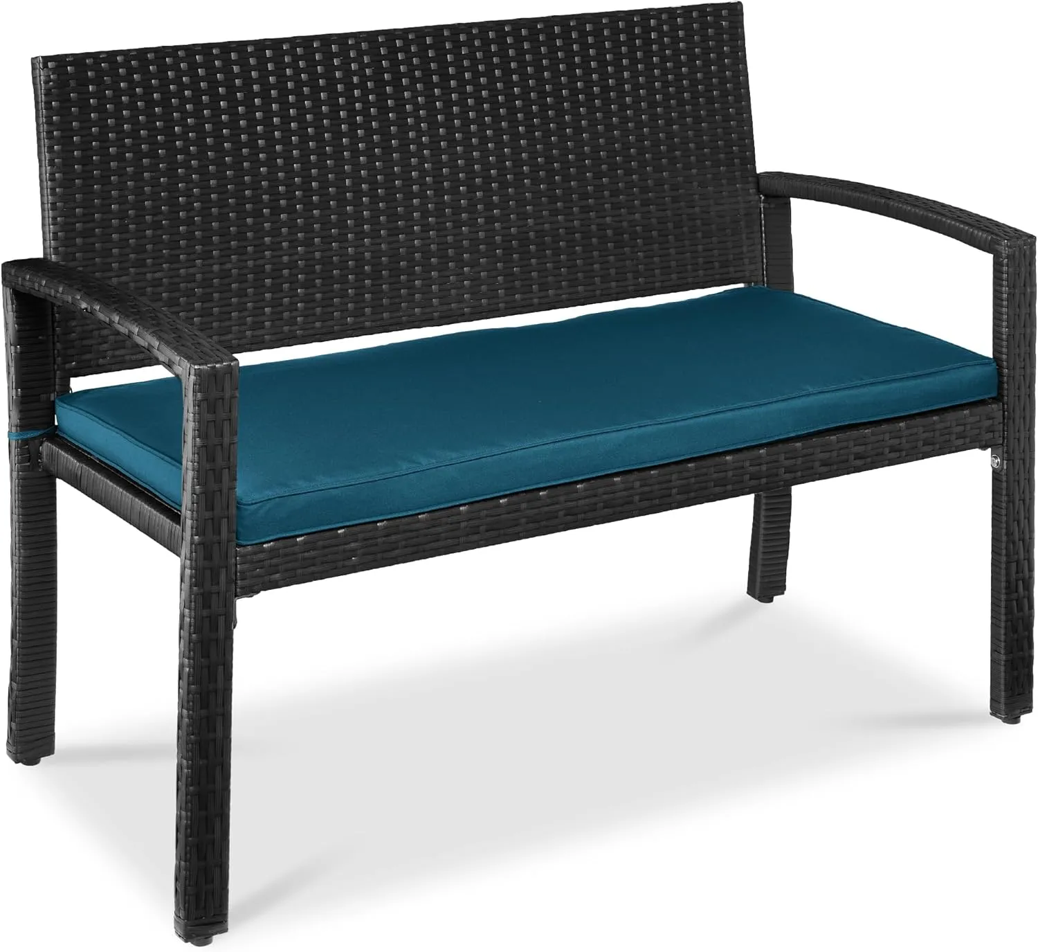 Best Choice Products Outdoor Bench 2-Person Wicker Garden Patio Benches Seating Furniture for Backyard, Porch w/Seat Cushion, 700lb Capacity - Peacock Blue/Black