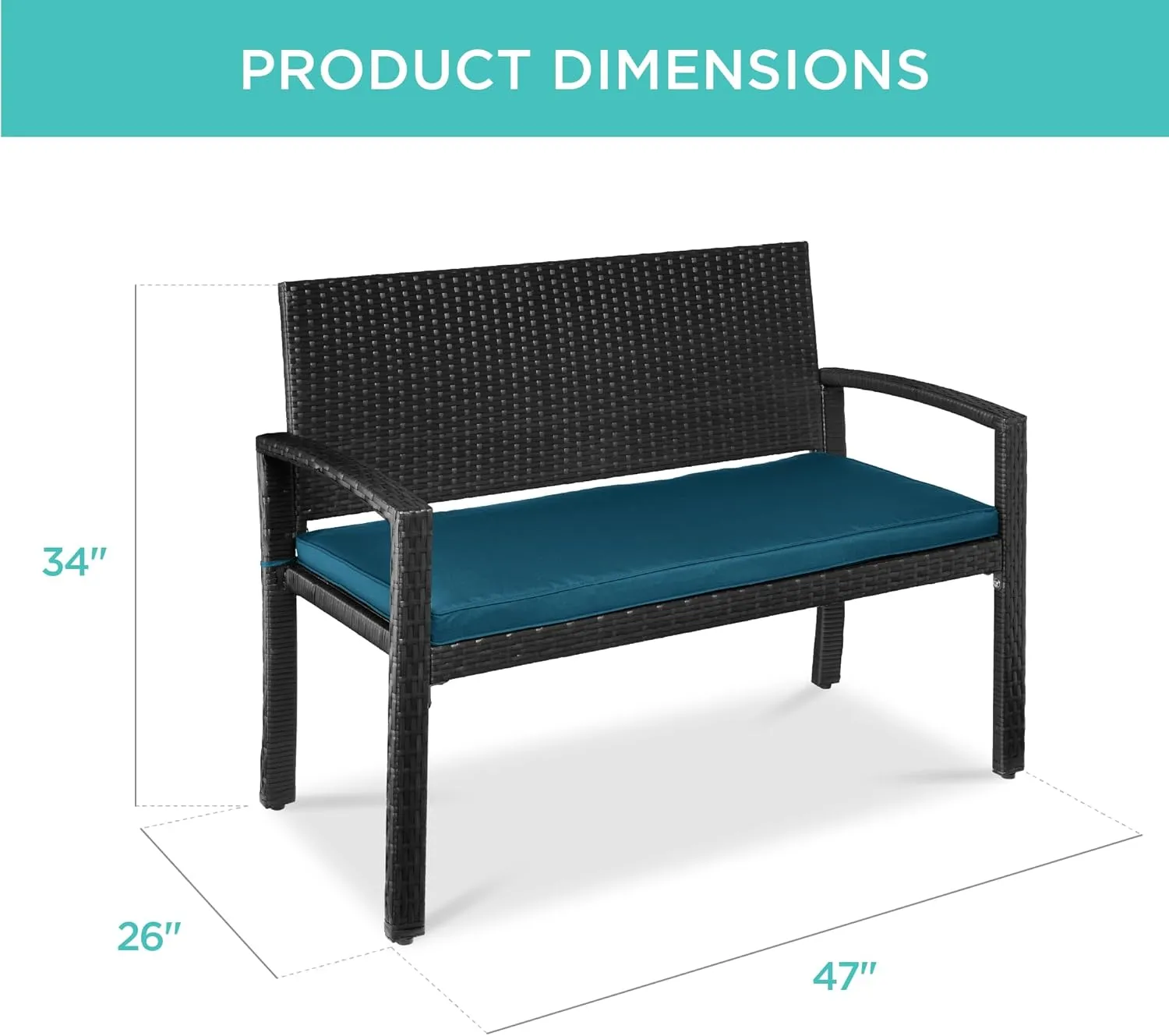 Best Choice Products Outdoor Bench 2-Person Wicker Garden Patio Benches Seating Furniture for Backyard, Porch w/Seat Cushion, 700lb Capacity - Peacock Blue/Black