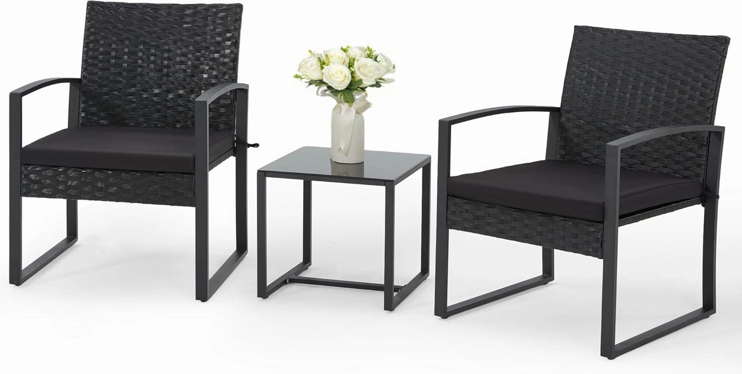 Bezseller 3 Pieces Patio Furniture Set, Outdoor Rattan Bistro Set with Coffee Table, Durable Steel Frame with Strapped Cushions for Garden, Balcony, Poolside, Backyard