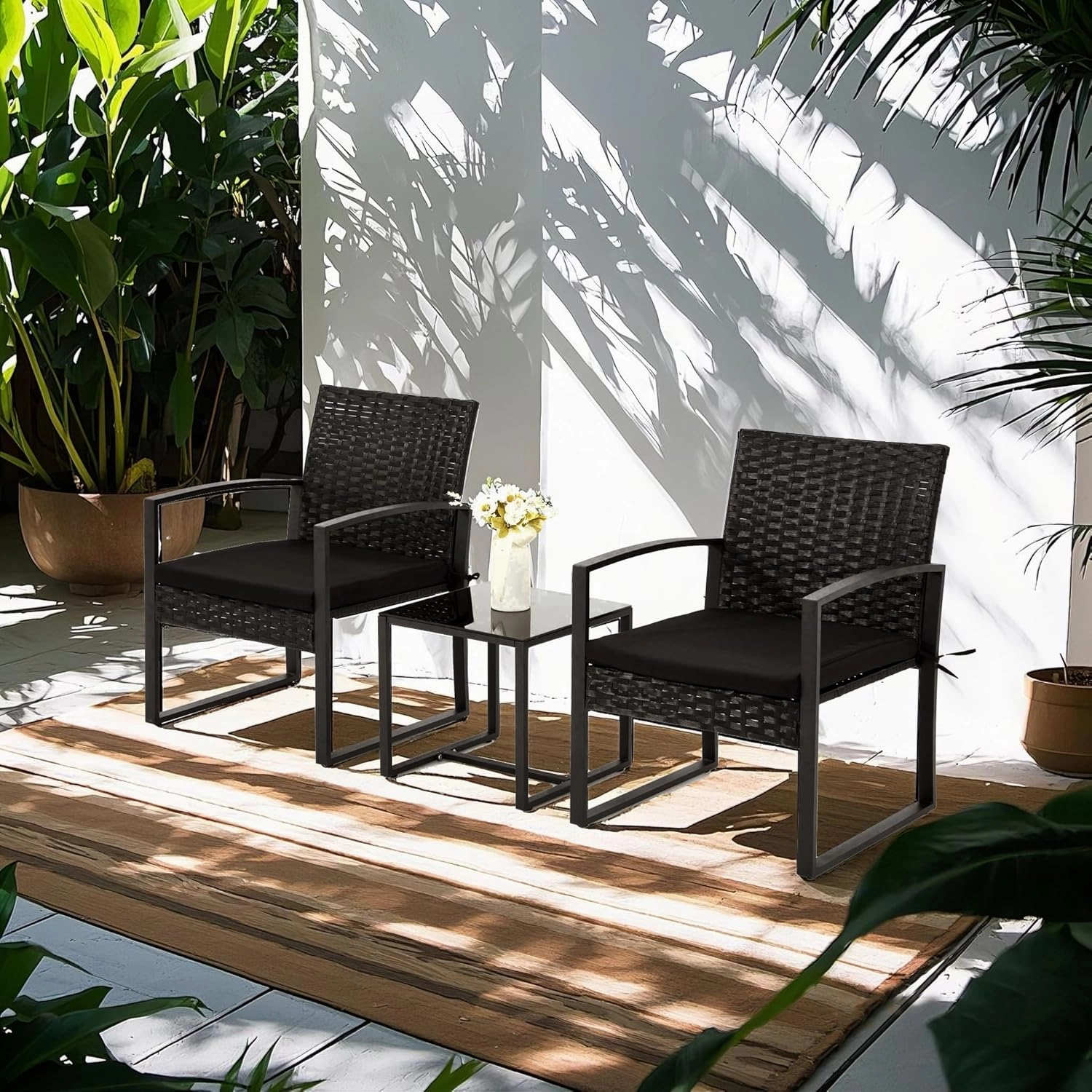 Bezseller 3 Pieces Patio Furniture Set, Outdoor Rattan Bistro Set with Coffee Table, Durable Steel Frame with Strapped Cushions for Garden, Balcony, Poolside, Backyard