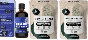 Bilberry Extract for Eyes Organic 3.4 Ounce Bottle of Liquid Bilberry Supplement for Eyes, Tongkat Ali for Men Powder 5 Ounce Bag, Fadogia Agrestis Extract for Men