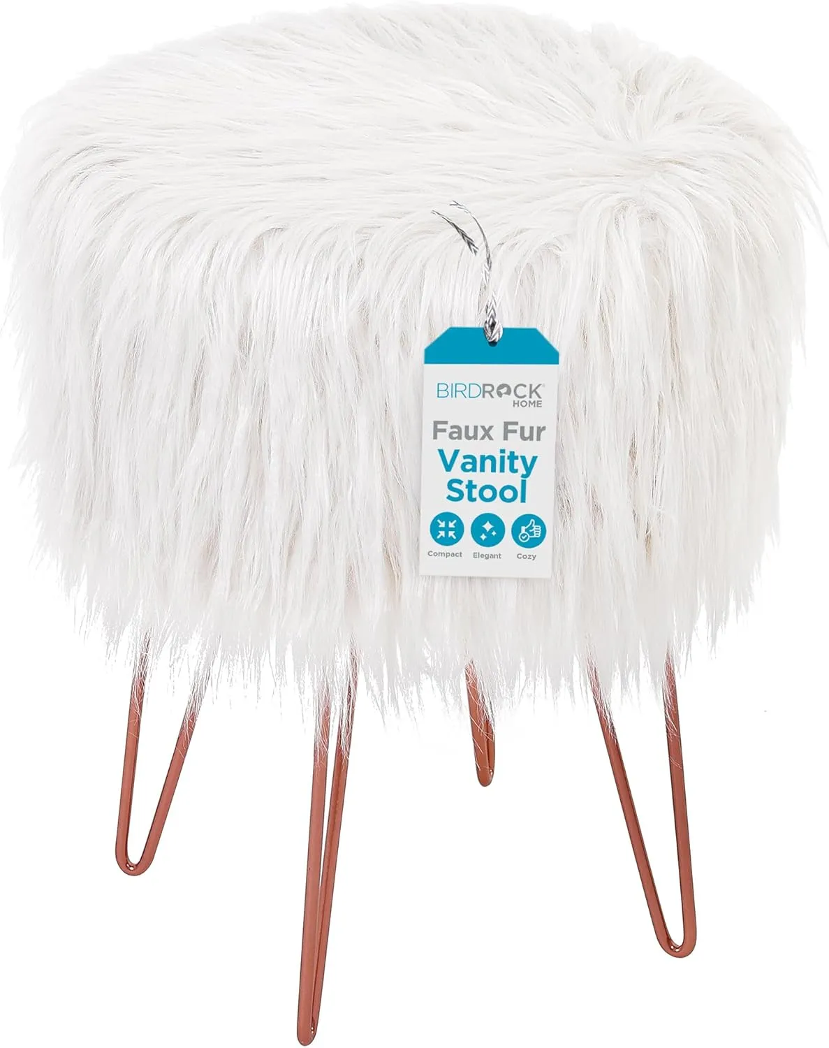 BIRDROCK HOME White Faux Fur Vanity Stool Chair - Soft Furry Compact Padded Seat - Vanity, Living Room, Bedroom and Kids Room Chairs - Hair Pin Metal Legs Upholstered Decorative Furniture Foot Rest