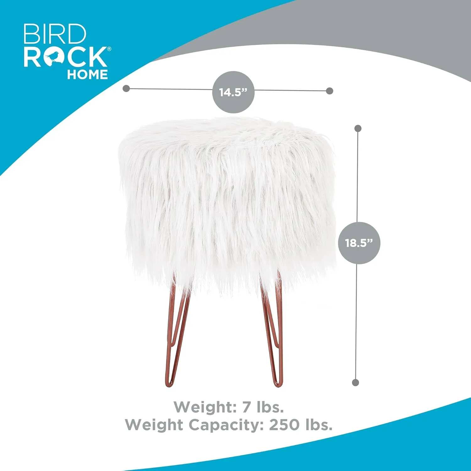BIRDROCK HOME White Faux Fur Vanity Stool Chair - Soft Furry Compact Padded Seat - Vanity, Living Room, Bedroom and Kids Room Chairs - Hair Pin Metal Legs Upholstered Decorative Furniture Foot Rest
