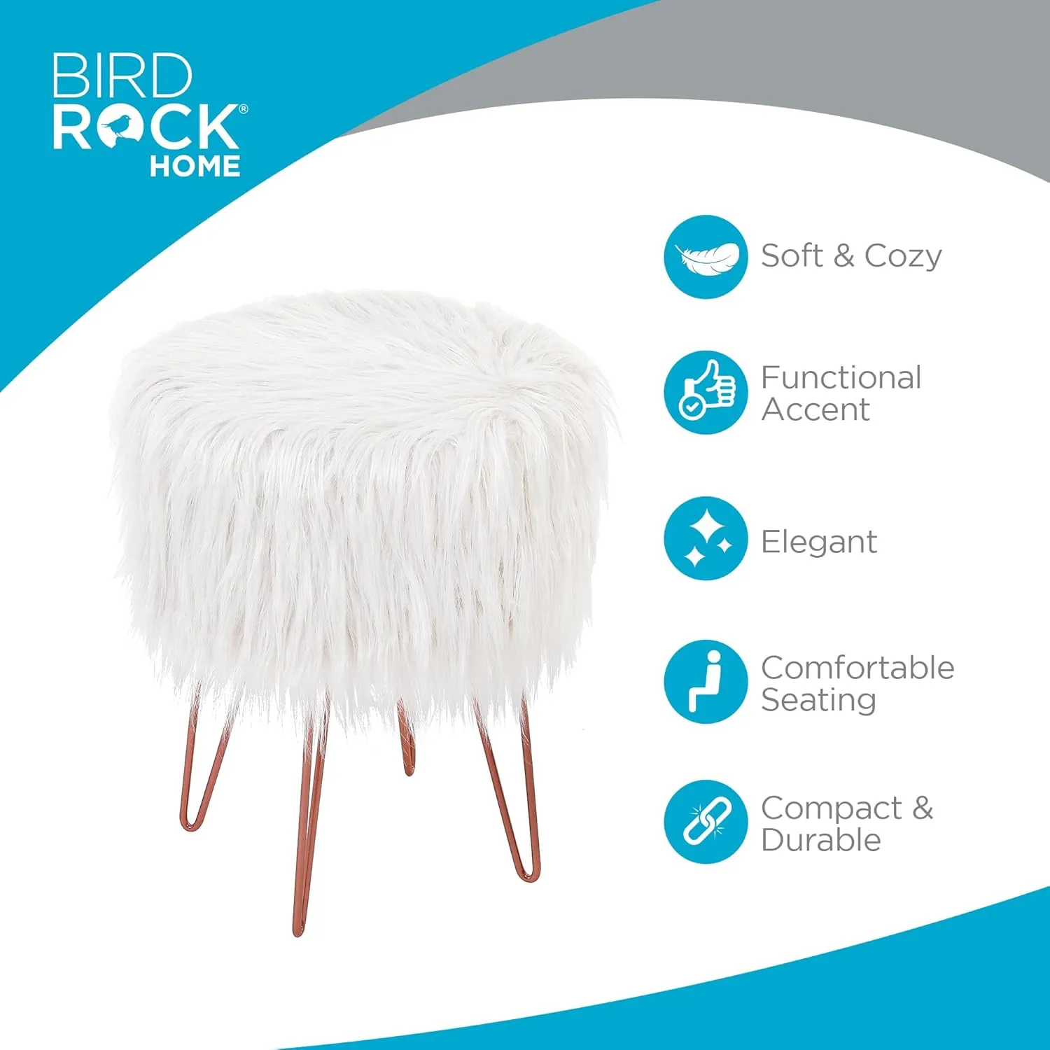 BIRDROCK HOME White Faux Fur Vanity Stool Chair - Soft Furry Compact Padded Seat - Vanity, Living Room, Bedroom and Kids Room Chairs - Hair Pin Metal Legs Upholstered Decorative Furniture Foot Rest